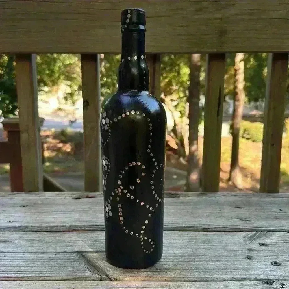 HAND Crafted Hand Painted Wine Bottle Black White Silver Gold with Fairy Lights - Picture 6 of 11